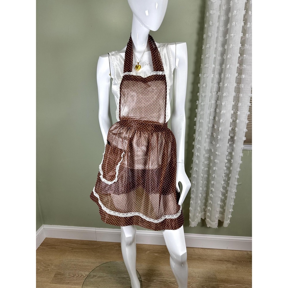 Vintage 1960s 1970s Sheer Polka Dot Hostess Apron Lace Brown Cottage Core